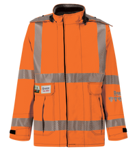 A Lac-Mac, Limited Jacket, High-Visibility FR/ARC Rated, US Markings, Regular, 707F-FB with reflective stripes and multiple pockets.