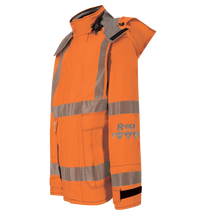 An ARC-Flash rated, high-visibility orange Jacket, High-Visibility FR/ARC Rated, US Markings, Regular, 707F-FB with reflective stripes, featuring a hood and multiple pockets, crafted from durable Gore-Tex Pyrad fabric by Lac-Mac, Limited.