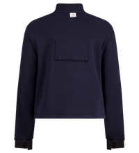 A navy blue long-sleeve shirt, viewed from the back, featuring a collar and a rectangular pocket on the upper back. The lower part of the image shows a white fabric. Ideal as a Lac-Mac, Limited Fleece Jacket Liner, Regular, 707F-FI for added warmth and comfort.