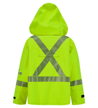 A Lac-Mac, Limited Jacket, High-Visibility FR/ARC Rated, Canadian Markings, Regular, 707F-GK with a bright yellow hood, featuring ARC-Flash rated materials and reflective markings forming an "X" pattern on the back.