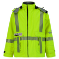 High-visibility lime green safety jacket with reflective stripes, multiple pockets, and tags on the right chest. This Jacket, High-Visibility FR/ARC Rated, Canadian Markings, Regular, 707F-GK from Lac-Mac, Limited is also Arc-Flash Rated for added protection in hazardous environments.