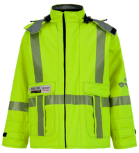 High-visibility lime green safety jacket with reflective stripes, multiple pockets, and tags on the right chest. This Jacket, High-Visibility FR/ARC Rated, Canadian Markings, Regular, 707F-GK from Lac-Mac, Limited is also Arc-Flash Rated for added protection in hazardous environments.