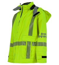 A Jacket, High-Visibility FR/ARC Rated, Canadian Markings, Regular, 707F-GK with reflective strips, multiple pockets, and a hood. This Arc-Flash Rated jacket features "Lac-Mac, Limited" branding on the sleeve for added safety assurance.