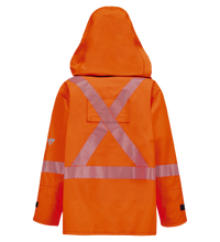 Back view of an orange Lac-Mac, Limited Jacket, High-Visibility FR/ARC Rated, Canadian Markings, Regular, 707F-GK with reflective stripes and a hood.