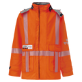 An orange high-visibility jacket with reflective stripes, long sleeves, and multiple pockets, designed with Gore-Tex Pyrad fabric for added durability and arc-flash rated protection. Jacket, High-Visibility FR/ARC Rated, Canadian Markings, Regular, 707F-GK by Lac-Mac, Limited.