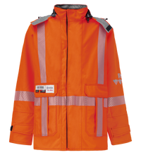 An orange high-visibility jacket with reflective stripes, long sleeves, and multiple pockets, designed with Gore-Tex Pyrad fabric for added durability and arc-flash rated protection. Jacket, High-Visibility FR/ARC Rated, Canadian Markings, Regular, 707F-GK by Lac-Mac, Limited.