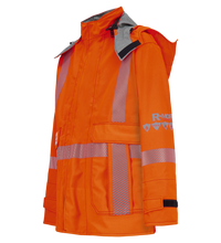 Bright orange Gore-Tex Pyrad waterproof Lac-Mac, Limited jacket with grey reflective strips and a hood. This high-visibility "Jacket, High-Visibility FR/ARC Rated, Canadian Markings, Regular, 707F-GK" features "R-MOR" logos and safety icons on the sleeves, ensuring both visibility and arc-flash protection.