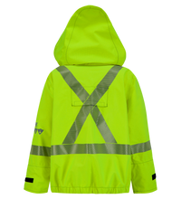 A high-visibility, neon yellow hooded safety jacket featuring reflective strips forming an X pattern on the back, this PPE Category 3 garment is perfect for maintaining safety standards in various work environments. The Lac-Mac, Limited Jacket, High-Visibility FR/ARC Rated, Canadian Markings, Regular, 707F-GM offers excellent protection and visibility for workers.