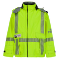 A bright yellow Jacket, High-Visibility FR/ARC Rated, Canadian Markings, Regular, 707F-GM with reflective stripes, zipper closure, multiple pockets, company logos on the chest and sleeve, and PPE Category 3 compliance for enhanced protection from Lac-Mac, Limited.