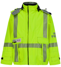 A bright yellow Jacket, High-Visibility FR/ARC Rated, Canadian Markings, Regular, 707F-GM with reflective stripes, zipper closure, multiple pockets, company logos on the chest and sleeve, and PPE Category 3 compliance for enhanced protection from Lac-Mac, Limited.