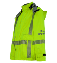 A bright yellow-green high-visibility jacket with reflective stripes and a hood, featuring a logo and several icons on the upper left side. This Jacket, High-Visibility FR/ARC Rated, Canadian Markings, Regular, 707F-GM from Lac-Mac, Limited ensures maximum safety in hazardous environments.