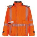 Description: Bright orange high-visibility jacket with reflective stripes, multiple pockets, and a tag displaying the brand name "Lac-Mac, Limited". Made with GORE-TEX PYRAD technology, it ensures both durability and protection in harsh conditions. Product Name: Jacket, High-Visibility FR/ARC Rated, Canadian Markings, Regular, 707F-GM.