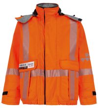 Description: Bright orange high-visibility jacket with reflective stripes, multiple pockets, and a tag displaying the brand name "Lac-Mac, Limited". Made with GORE-TEX PYRAD technology, it ensures both durability and protection in harsh conditions. Product Name: Jacket, High-Visibility FR/ARC Rated, Canadian Markings, Regular, 707F-GM.