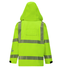 A Jacket, High-Visibility, FR/ARC Rated, SAFE-T™ Style, US Markings, Regular, 707FEAH with silver reflective stripes on the back and a hood. The jacket is made from durable GORE-TEX PYRAD fabric and is fluorescent yellow-green, ensuring you stand out in low-light conditions.