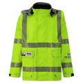 A high-visibility yellow jacket with reflective stripes, a hood, and multiple pockets. This Jacket, High-Visibility, FR/ARC Rated, SAFE-T™ Style, US Markings, Regular, 707FEAH ensures maximum safety. The "Lac-Mac, Limited" label is prominently displayed on the left chest.