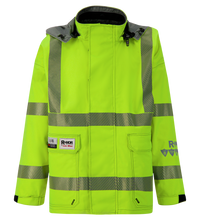 A high-visibility yellow jacket with reflective stripes, a hood, and multiple pockets. This Jacket, High-Visibility, FR/ARC Rated, SAFE-T™ Style, US Markings, Regular, 707FEAH ensures maximum safety. The "Lac-Mac, Limited" label is prominently displayed on the left chest.