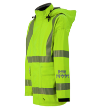 A Lac-Mac, Limited Jacket, High-Visibility, FR/ARC Rated, SAFE-T™ Style, US Markings, Regular, 707FEAH with reflective gray stripes, a hood, two front pockets, and the word "RMOR" printed on the left sleeve. This FR ARC-Flash Rated gear ensures safety and meets PPE Category 3 standards for ultimate protection.