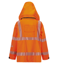 Back view of a Lac-Mac, Limited Jacket, High-Visibility, FR/ARC Rated, SAFE-T™ Style, US Markings, Regular, 707FEAH with reflective silver stripes and a hood.