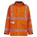 An orange high-visibility safety jacket with reflective stripes. The Jacket, High-Visibility, FR/ARC Rated, SAFE-T™ Style, US Markings, Regular, 707FEAH by Lac-Mac, Limited crafted from durable GORE-TEX PYRAD fabric features multiple pockets, a zipper front closure, and a name tag holder on the left side.