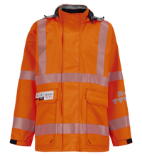 An orange high-visibility safety jacket with reflective stripes. The Jacket, High-Visibility, FR/ARC Rated, SAFE-T™ Style, US Markings, Regular, 707FEAH by Lac-Mac, Limited crafted from durable GORE-TEX PYRAD fabric features multiple pockets, a zipper front closure, and a name tag holder on the left side.