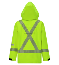 A high-visibility yellow jacket made with GORE-TEX PYRAD technology features reflective stripes in an X shape on the back and arms, complete with a hood. This ARC-Flash rated design ensures safety and durability, shown from the rear. The Lac-Mac, Limited Jacket, High-Visibility, FR/ARC Rated, SAFE-T™ Style, Canadian Markings, Regular, 707FECA delivers superior protection for tough environments.