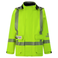 A high-visibility yellow safety jacket with reflective stripes, multiple pockets, and a hood, featuring GORE-TEX PYRAD technology for enhanced durability, is the Lac-Mac, Limited Jacket, High-Visibility, FR/ARC Rated, SAFE-T™ Style, Canadian Markings, Regular, 707FECA.