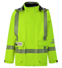 A high-visibility yellow safety jacket with reflective stripes, multiple pockets, and a hood, featuring GORE-TEX PYRAD technology for enhanced durability, is the Lac-Mac, Limited Jacket, High-Visibility, FR/ARC Rated, SAFE-T™ Style, Canadian Markings, Regular, 707FECA.