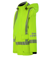 A high-visibility yellow jacket with reflective stripes, a hood, and multiple pockets, displaying the "R-MOR" logo on the sleeve. This Lac-Mac, Limited Jacket, High-Visibility, FR/ARC Rated, SAFE-T™ Style, Canadian Markings, Regular, 707FECA offers both style and protection.