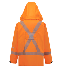 Back view of a Lac-Mac, Limited Jacket, High-Visibility, FR/ARC Rated, SAFE-T™ Style, Canadian Markings, Regular, 707FECA made from FR Arc-Flash Rated GORE-TEX PYRAD Fabric, with reflective stripes forming an 'X' shape on the back, a built-in hood, and black cuffs.