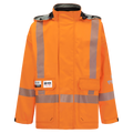 A high-visibility orange jacket with reflective strips, a collar, and several pockets. Made from GORE-TEX PYRAD fabric, it ensures durability and protection. The tag reads "Jacket, High-Visibility, FR/ARC Rated, SAFE-T™ Style, Canadian Markings, Regular, 707FECA" and includes additional labeling by Lac-Mac, Limited.