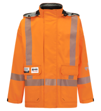 A high-visibility orange jacket with reflective strips, a collar, and several pockets. Made from GORE-TEX PYRAD fabric, it ensures durability and protection. The tag reads "Jacket, High-Visibility, FR/ARC Rated, SAFE-T™ Style, Canadian Markings, Regular, 707FECA" and includes additional labeling by Lac-Mac, Limited.