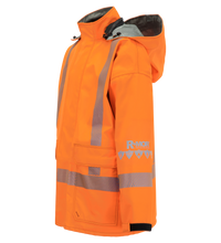 Lac-Mac, Limited Jacket, High-Visibility, FR/ARC Rated, SAFE-T™ Style, Canadian Markings, Regular, 707FECA made from GORE-TEX PYRAD Fabric with reflective stripes, a hood, and the text "R-MOR" on the left sleeve. The jacket is displayed against a white background.