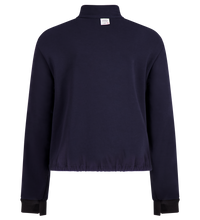 Rear view of a long-sleeved, dark blue sweatshirt with a high collar and ribbed cuffs. This Fleece Jacket Liner, Regular, Elastic Hem, 707FRAJ by Lac-Mac, Limited features visible seams and a fabric tag at the upper center back.