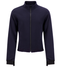 A navy blue zip-up Fleece Jacket Liner, Regular, Elastic Hem, 707FRAJ with a high collar, long sleeves, and ribbed cuffs. The jacket features a front zipper closure and an elastic hem, made from POLARTEC® WIND PRO®. It is displayed on a white mannequin torso.