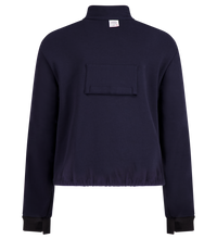 A navy blue long-sleeve sweater with a high collar and a pocket on the back, designed as protective wear. The Lac-Mac, Limited Fleece Jacket Liner, Regular, D-Ring Access, Elastic Hem, 707FRBC features black cuffs, a waistband, and serves as a jacket liner. The bottom of a white garment is visible underneath the sweater.