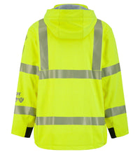 The Soft Shell Jacket, High-Visibility FR/ARC Rated, US Markings, 707J by Lac-Mac, Limited, made from Gore-Tex PYRAD fabric, showcases a bright yellow hue with reflective gray stripes and a hood, viewed from the back.