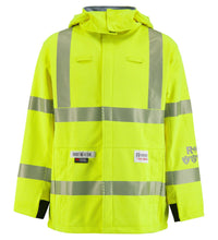 A Soft Shell Jacket, High-Visibility FR/ARC Rated, US Markings, 707J with reflective grey stripes and a hood, crafted from Gore-Tex PYRAD fabric. The jacket features multiple logos and labels on the chest and pocket areas.