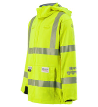 A bright yellow, high-visibility jacket with reflective strips on the sleeves, torso, and hood. The Lac-Mac, Limited Soft Shell Jacket, High-Visibility FR/ARC Rated, US Markings, 707J is crafted from Gore-Tex PYRAD fabric and includes logos and safety certifications on the arms and pockets.