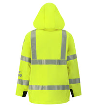 A high-visibility yellow jacket with reflective silver stripes and a hood, crafted from durable Gore-Tex PYRAD fabric, shown from the back.

Revised Sentence:
The Lac-Mac, Limited Soft Shell Jacket, High-Visibility FR/ARC Rated, US Markings, 707J with reflective silver stripes and a hood, crafted from durable Gore-Tex PYRAD fabric, shown from the back.