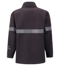 Back view of a dark-colored jacket with reflective horizontal stripes on the upper back and sleeves, featuring PPE Category 4 and FR ARC-Flash Rated protection with a robust 40 Cal ARC Protection level. The product is the Switch Suit Jacket, 40 Cal. ARC Rated, 707K by Lac-Mac, Limited.