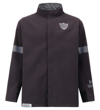 A dark brown jacket with a high collar, reflective stripes on the sleeves, and logos on the chest and sleeve. This Lac-Mac, Limited Switch Suit Jacket, 40 Cal. ARC Rated, 707K also provides 40 Cal ARC Protection and meets PPE Category 4 standards.