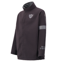 A dark purple Switch Suit Jacket, 40 Cal. ARC Rated, 707K with a high collar, featuring the Lac-Mac, Limited logo on the chest and sleeve, and a reflective stripe on the right arm, boasting 40 Cal ARC Protection for enhanced safety.