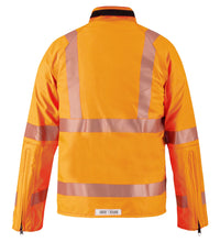 Back view of an orange Multi-Haz Protective Jacket, for flammable liquid chemical hazards, 707ZACY made by Lac-Mac, Limited with GORE-TEX PYRAD Fabric, featuring reflective stripes on the arms and back for enhanced safety. Perfect for protection against liquid chemical splashes.