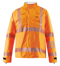 Lac-Mac, Limited Multi-Haz Protective Jacket, for flammable liquid chemical hazards, 707ZACY in bright orange high-visibility with reflective stripes on the chest, arms, and lower torso, featuring black adjustable cuffs and a high collar.