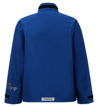 Back view of a long-sleeved, blue Multi-Haz Protective Jacket, for flammable liquid chemical hazards, 707ZA with a stand-up collar, featuring a small barcode at the bottom and Lac-Mac, Limited logos on the lower sleeve.