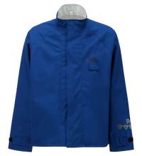 A blue Multi-Haz Protective Jacket, for flammable liquid chemical hazards, 707ZA with a high collar and velcro wrist straps, featuring Lac-Mac, Limited logos on the left chest and left sleeve, crafted from GORE-TEX PYRAD Fabric.