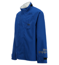 A blue Multi-Haz Protective Jacket, for flammable liquid chemical hazards, 707ZA with a high collar, front pocket, adjustable cuffs, and Lac-Mac, Limited logo on the left sleeve and chest, made of GORE-TEX PYRAD Fabric, displayed on a white background.