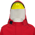 A person wearing a red protective suit made of GORE-TEX Chemical Splash Fabric, complemented by a yellow helmet and a transparent face shield, epitomizes top-tier protective wear with the Chemical Splash Protective Hood, for non-flammable liquid chemical hazards, 708XC by Lac-Mac, Limited.