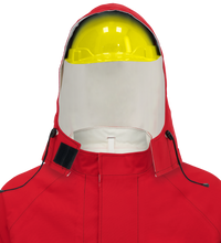 A person wearing a red protective suit made of GORE-TEX Chemical Splash Fabric, complemented by a yellow helmet and a transparent face shield, epitomizes top-tier protective wear with the Chemical Splash Protective Hood, for non-flammable liquid chemical hazards, 708XC by Lac-Mac, Limited.