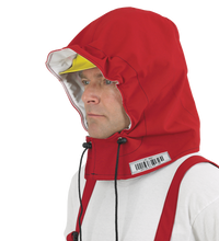 A person in a red hooded jacket with drawstrings, featuring GORE-TEX Chemical Splash Fabric, wears a white shirt and a yellow cap underneath. The barcode is visible on the Chemical Splash Protective Hood, for non-flammable liquid chemical hazards, 708XC by Lac-Mac, Limited.